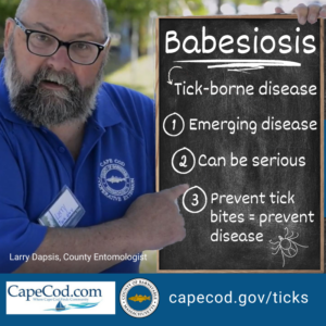 County Entomologist, Larry Dapsis, pointing to sign about Babesiosis and how it's 1. an emerging disease 2. can be serious 3. preventing tick bites prevents the infection. Visit Larry at capecod.gov/ticks