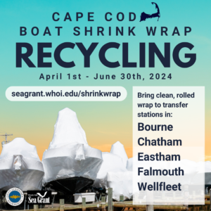 Image is of covered boats with a sunset sky. Text reads: Cape Cod Boat Shrink Wrap Recycling, April 1st to June 30th, 2024. Bring clean, rolled wrap to transfer stations in Bourne, Chatham, Eastham, Falmouth and Wellfleet. More info can be found at the link http://seagrant.whoi.edu/shrinkwrap.