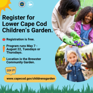 Image of children working in a garden with an adult and muddy hands. Images are accompanied with text: Register for Lower Cape Cod Children’s Garden. Registration is free.