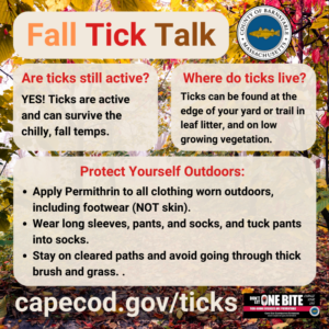 Image answers questions about ticks in fall: Can they survive in chilly temps? Yes! Where do they live? Leaf litter and low vegetation. Protect yourself by wearing long clothing, wearing permethrin on outdoor clothing including shoes, and stay on cleared paths during a hike.