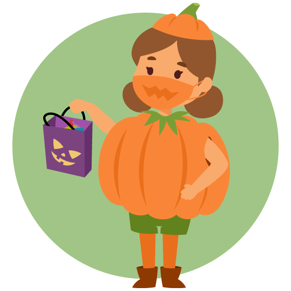 illustration of a child wearing a pumpkin costume holding a Halloween treat bag wearing face masks appropriately and 