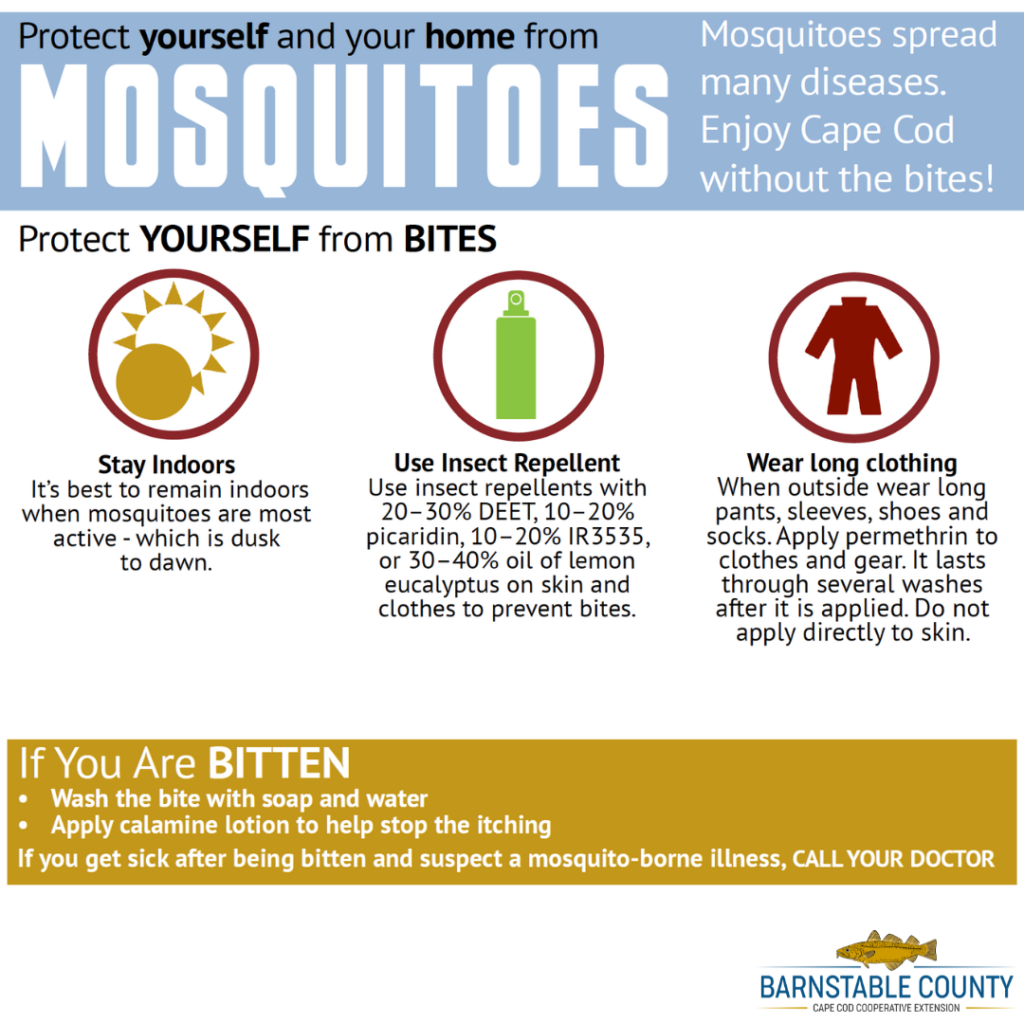 Image illustrating how to protect yourself from mosquito bites. Stay inside dusk till dawn during peak mosquito season; use insect repellant with deet or picaridin ; wear long clothing when outside.