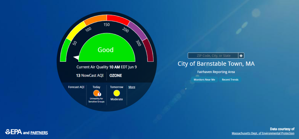 Screen shot of Air Quality Index (AQI) in Barnstable as of June 9, 2023.