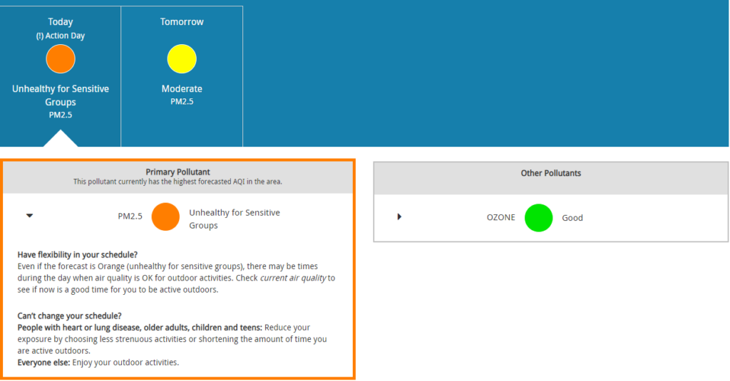 Screen shot of air pollution forecast in Barnstable as of June 9, 2023.