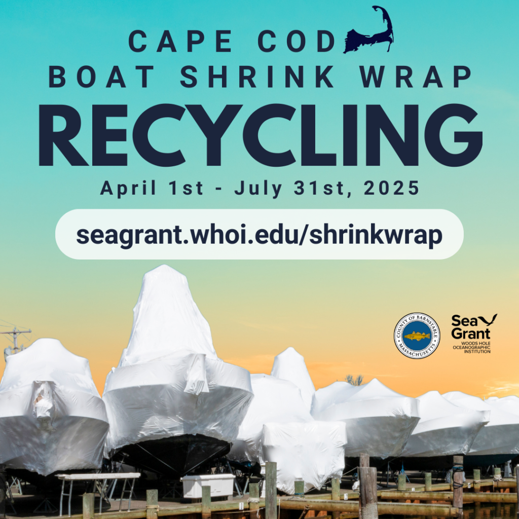A group of boats wrapped in white shrink wrap sit on dry dock against a colorful Cape Cod sky at sunset. Bold text reads: “Cape Cod Boat Shrink Wrap Recycling – April 1st to July 31st, 2025.” Below is a website link: seagrant.whoi.edu/shrinkwrap. Logos for Barnstable County and Sea Grant are in the lower right corner.