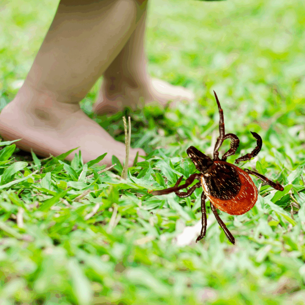 Children's feet and legs in grass, alongside a deer tock.