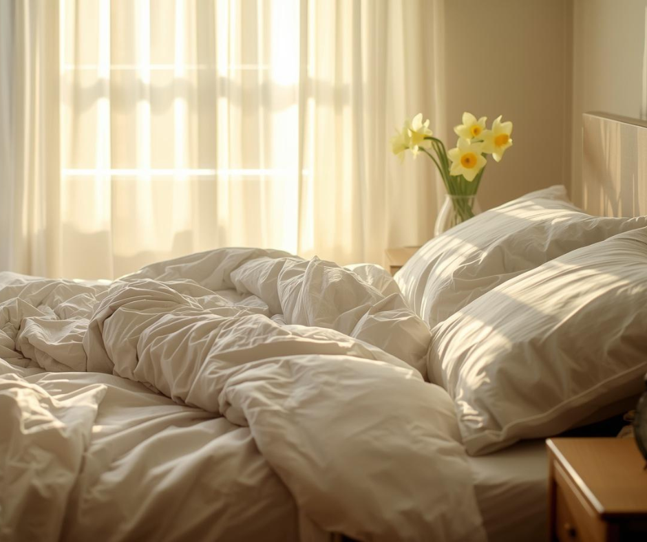 Soft morning light streaming through sheer white curtains onto a rumpled unmade bed with white and gray bedding and a small vase of yellow daffodils, evoking the fatigue and disrupted sleep of daylight saving time in spring.