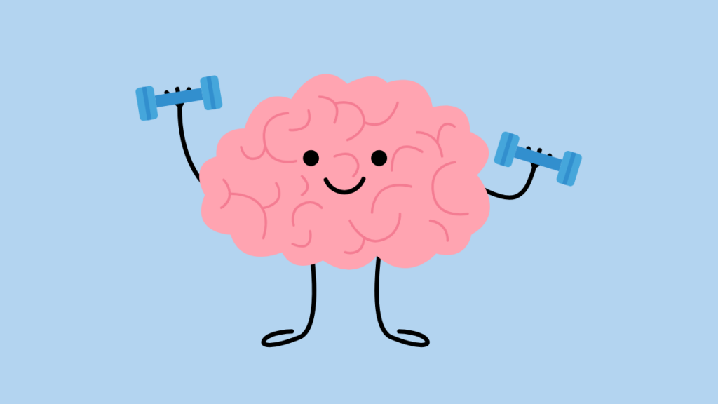 A pink cartoon brain with arms and legs lifts blue dumbbells, symbolizing mental fitness