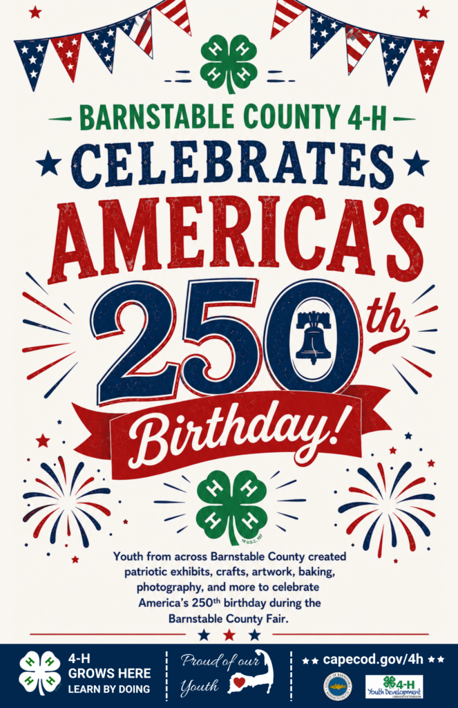 Patriotic Barnstable County 4-H poster celebrating America’s 250th birthday. Red, white, and blue graphics feature bunting, fireworks, 4-H clovers, and the message that youth from across Barnstable County created exhibits, crafts, artwork, baking, photography, and more for display at the Barnstable County Fair.