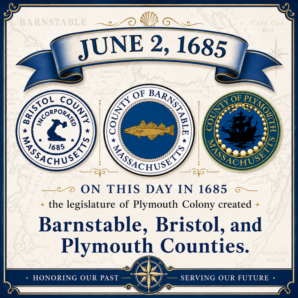 Commemorative Barnstable County Day graphic featuring the date June 2, 1685, the official seals of Bristol County, Barnstable County, and Plymouth County, and text noting the creation of the three counties by Plymouth Colony. The design includes a cream background with subtle historical map elements and blue-and-gold accents reflecting Barnstable County branding.