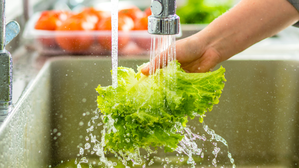 leafy greens being rinsed under running water