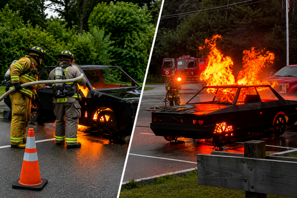 A split-image collage shows Barnstable County live fire vehicle training. On the left, two firefighters in full protective gear use a hose while approaching a controlled vehicle fire during a training exercise. On the right, the training vehicle is fully engulfed in flames as a fire engine and firefighter stand nearby, demonstrating realistic live fire conditions used to prepare Cape Cod firefighters for emergency response.
