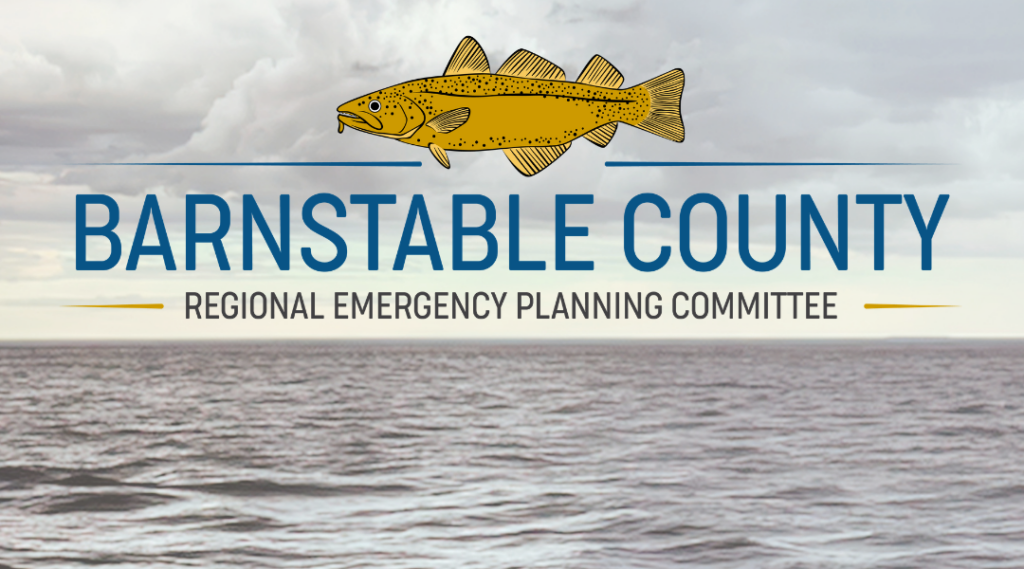 Barnstable County Regional Emergency Planning Committee logo over a cloudy coastal scene with dark ocean water.