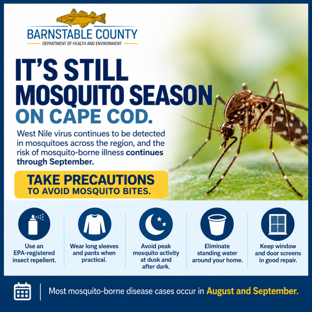 Barnstable County Department of Health and Environment graphic reminding residents that it is still mosquito season on Cape Cod. West Nile virus continues to be detected in mosquitoes, and the risk of mosquito-borne illness continues through September. Prevention tips include using EPA-registered insect repellent, wearing long sleeves and pants, avoiding peak mosquito activity at dusk and after dark, eliminating standing water, and keeping window and door screens in good repair.