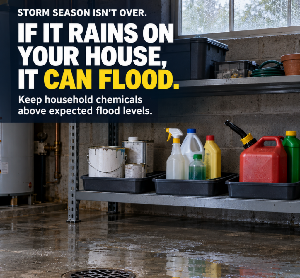 Graphic showing paint cans, cleaners and other household chemicals stored in separate trays on raised shelving above a wet basement floor and drain. Text reads: “Storm season isn’t over. If it rains on your house, it can flood. Keep household chemicals above expected flood levels. Household Hazardous Waste Safety.”
