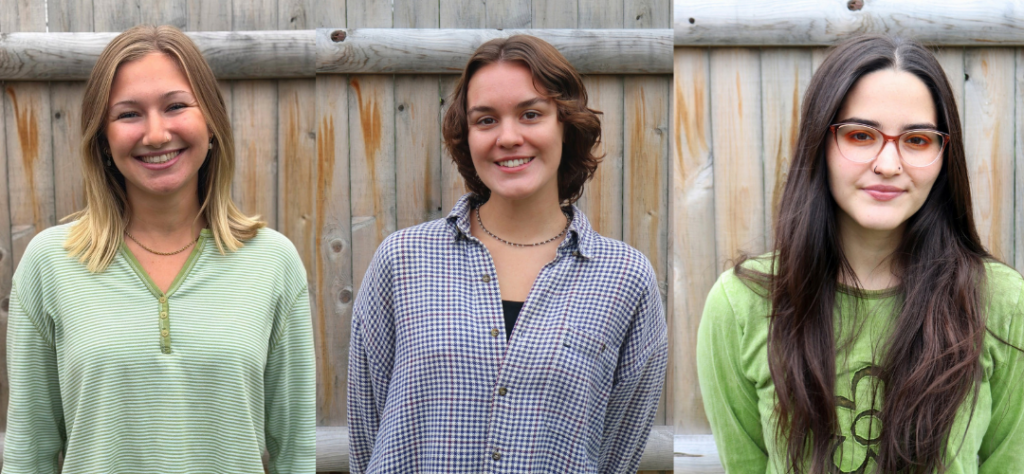 Three side-by-side outdoor portraits of AmeriCorps Cape Cod Year 28 program supervisors. From left: Nina Costanza, Lydia Slater and Lillian Pogany, standing in front of a wooden fence.