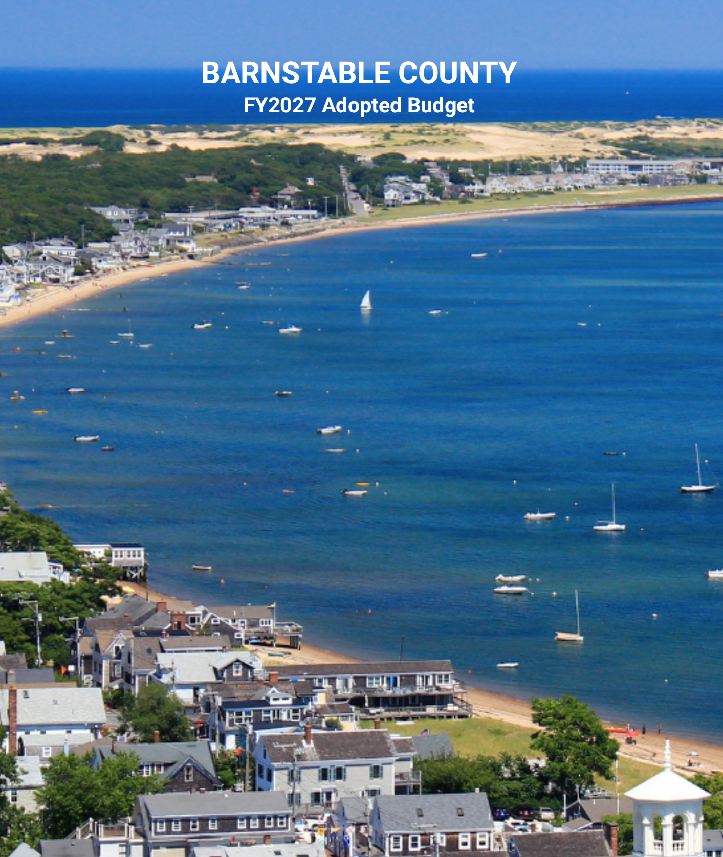 image of the front cover of the FY2027 Adopted Budget showing a scene of Provincetown Harbor