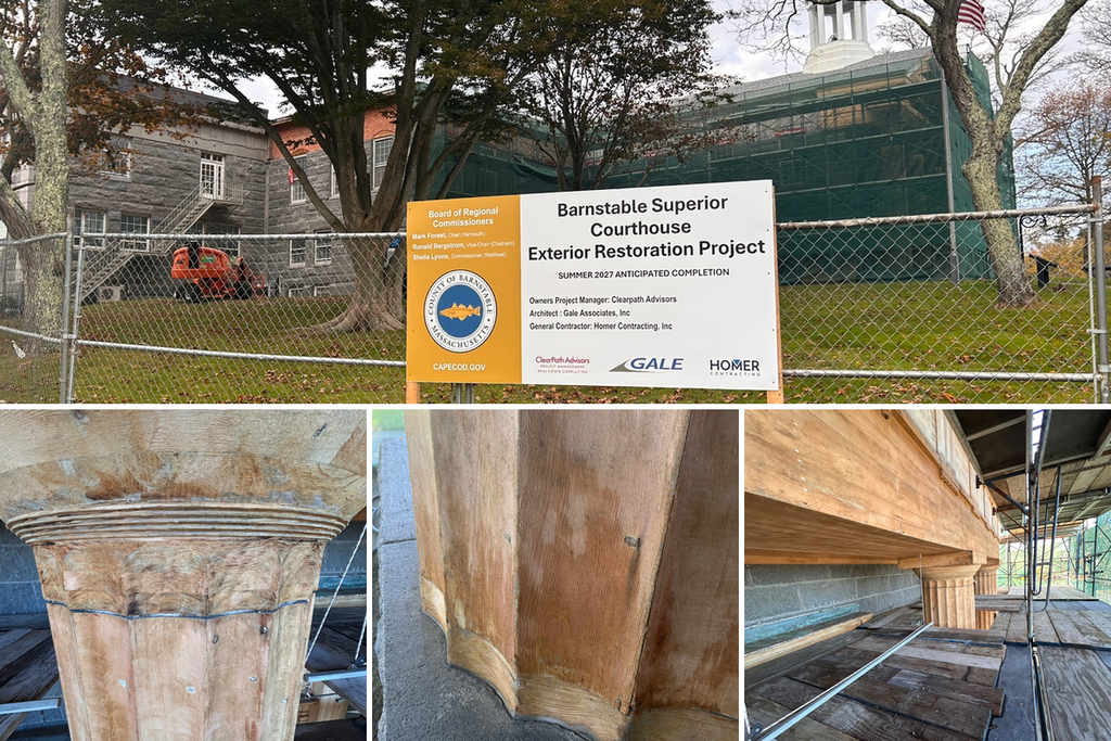 Collage: the Barnstable Superior Courthouse Exterior Restoration Project sign with the courthouse wrapped in green construction netting; close-ups of the restored wooden columns — a fluted capital, a column base, and the colonnade seen from the scaffolding."
The earlier caption still fits; if you want the columns to lead it, swap the second sentence for: "Up on the scaffolding, crews are restoring the courthouse's historic wooden columns — fluted shafts, capitals, and bases — along with the hand-detailed dentil trim."