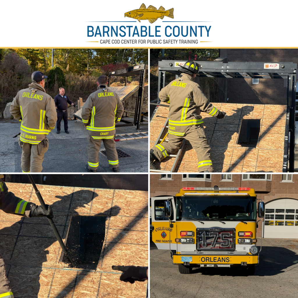 Barnstable County, Cape Cod Center for Public Safety Training logo. Two Orleans firefighters in turnout gear listen to an instructor beside a roof training prop during hands-on ventilation training.