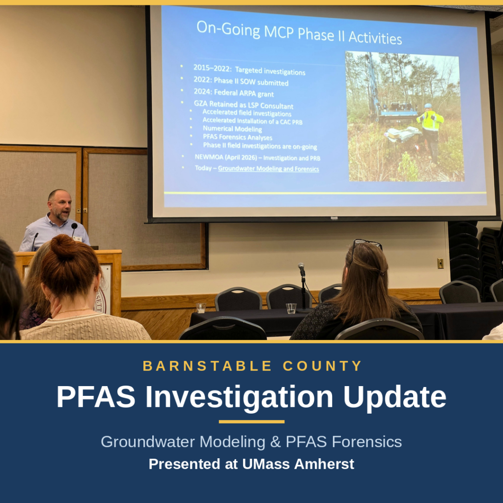 Barnstable County graphic with a photo of Paul Ruszala presenting at UMass Amherst. Text: "Barnstable County. PFAS Investigation Update. Groundwater Modeling & PFAS Forensics. Presented at UMass Amherst."